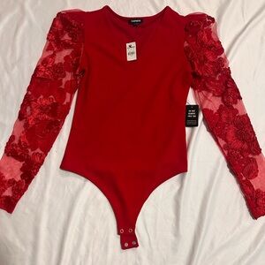 Express Red Lace Sleeve Bodysuit